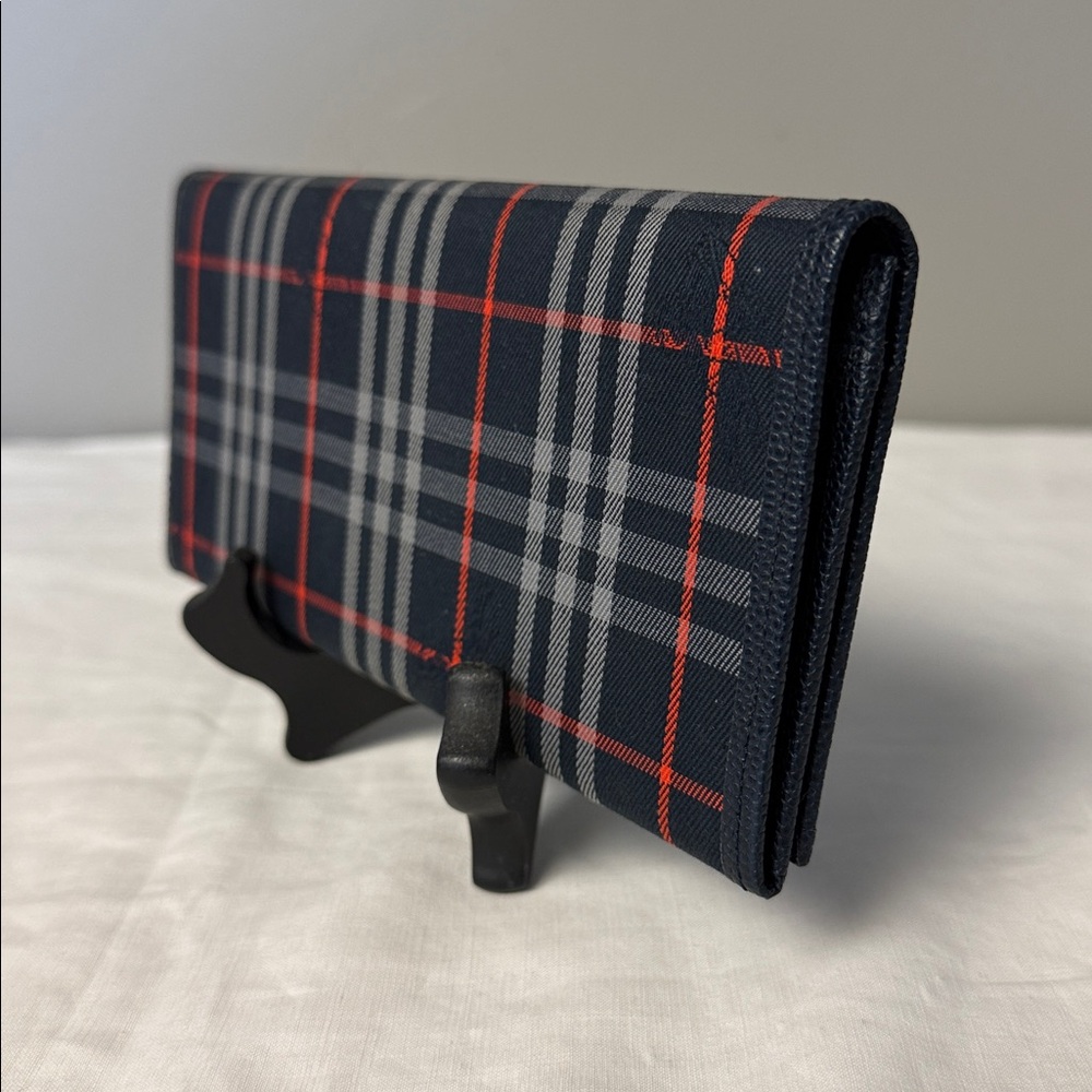 Vintage Burberry Nova Check Crest Long Wallet 90s Canvas Plaid Navy - Picture 6 of 9